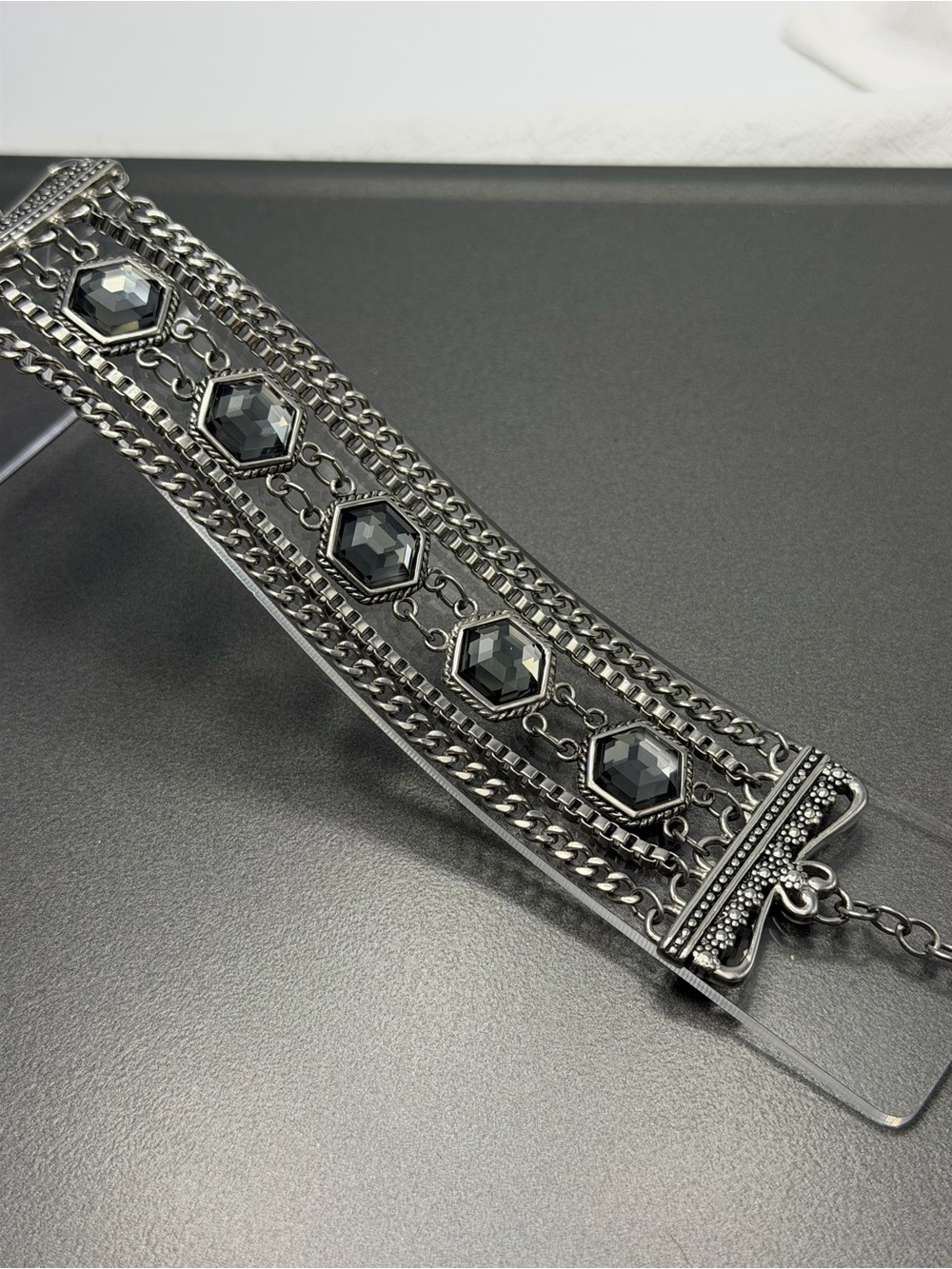 Tocara Gunmetal Statement Bracelet with Faceted Black Stones